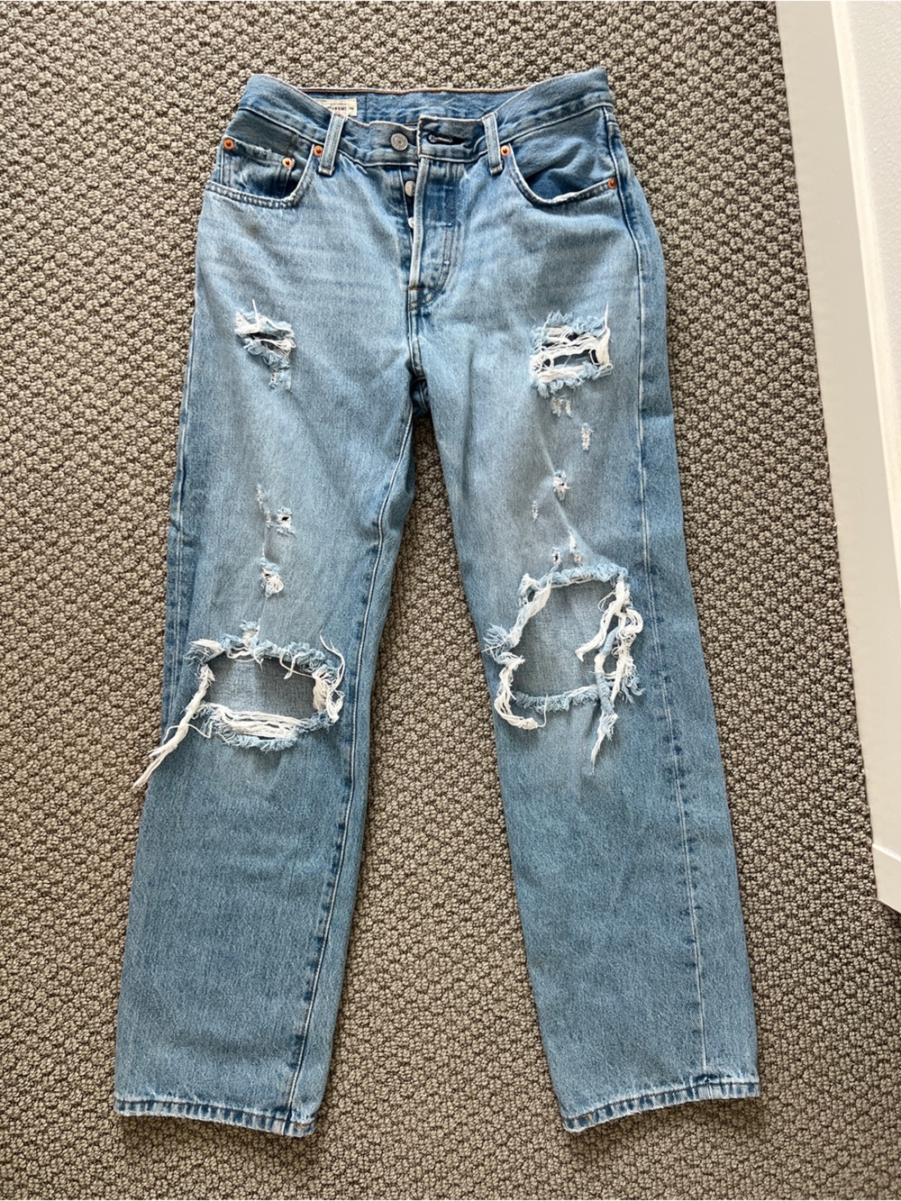 Levi's Light Blue Straight Leg Jeans with rips size 24 (fits like 26/27)